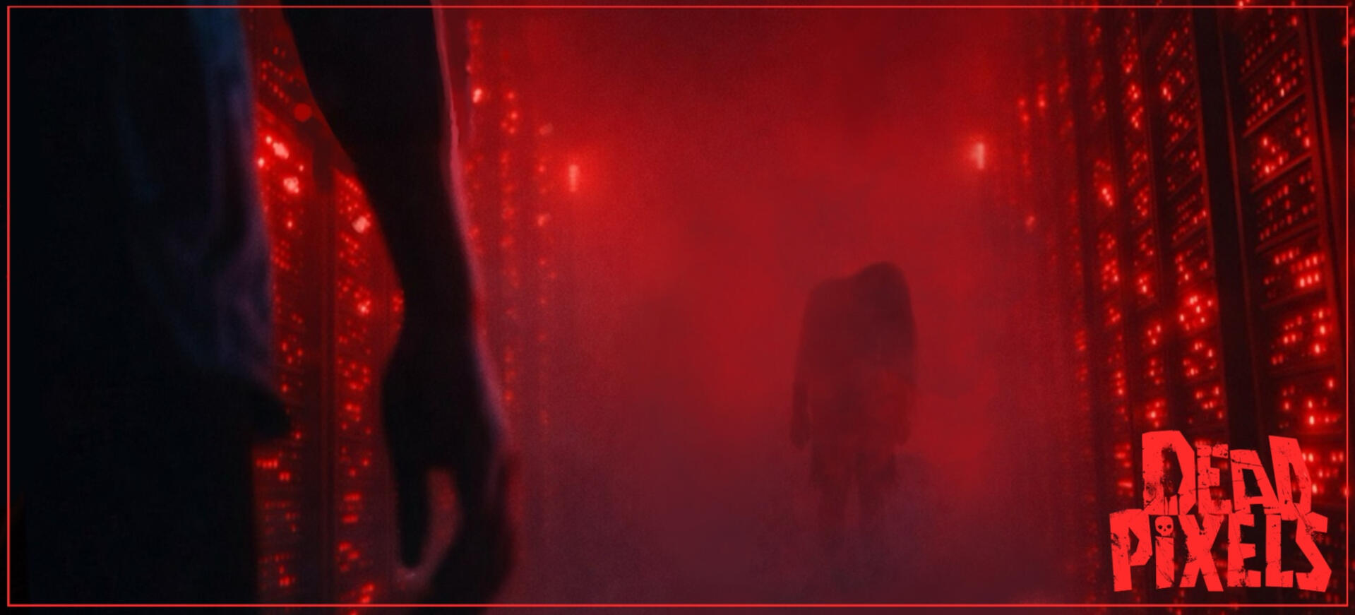 A creepy figure with what looks to be long hair in what appears to be a knee length dress is hunched forward and approaching a person who appears to be human- we can only see their forearm, hand, and some of their hips. They are within a server room that i