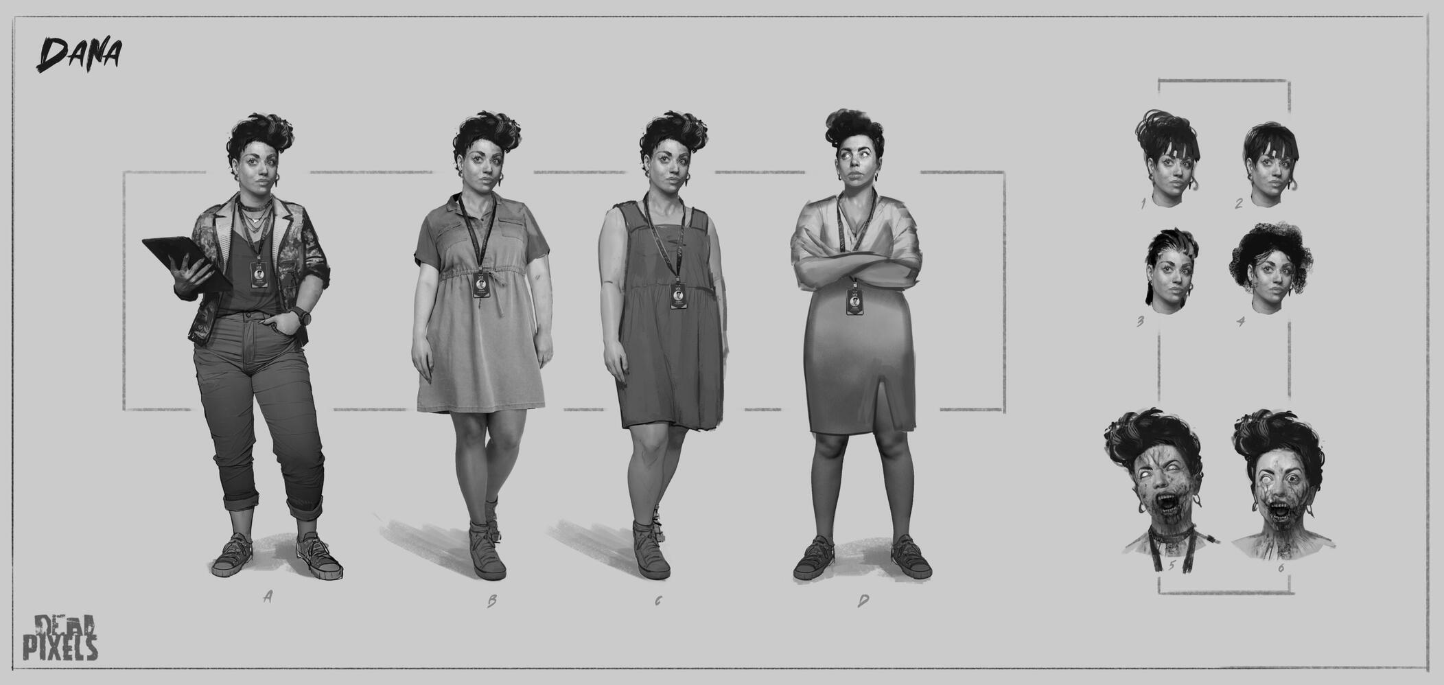 Character portraits featuring a well groomed lady with short hair. Her bangs are fluffing upwards. She wears four outfits: pants with a blazer and a casual shirt, and 3 different knee-length dresses. The first has short sleeves, the second has 2 thick stra