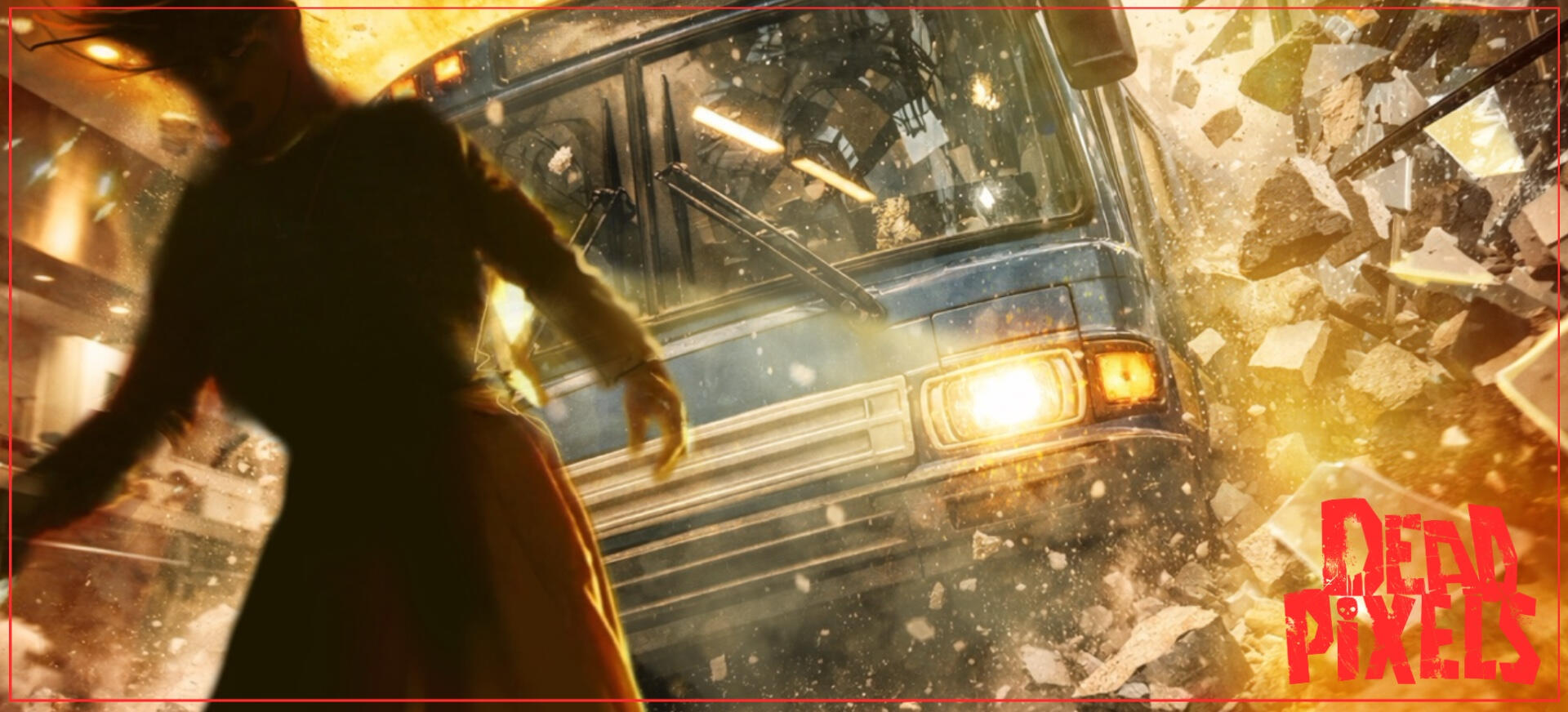 A public bus is crashing through a wall or window of sorts and looks like it will inevitably hit a woman right before us.