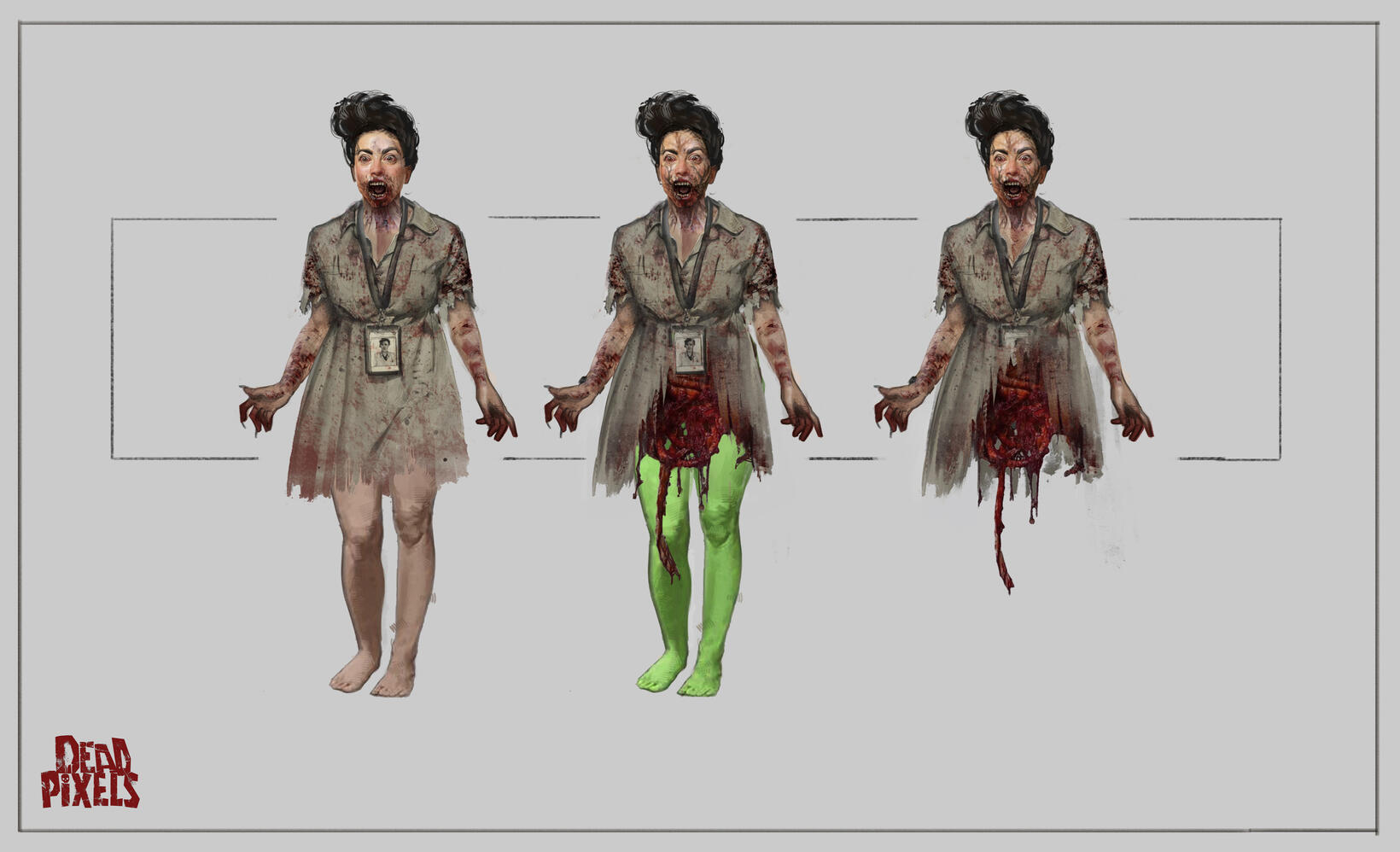 The main character Dana after being zombified. Her intestines are falling out. There is a diagram with green legs to demonstrate how to prepare her for the production VFX stage.