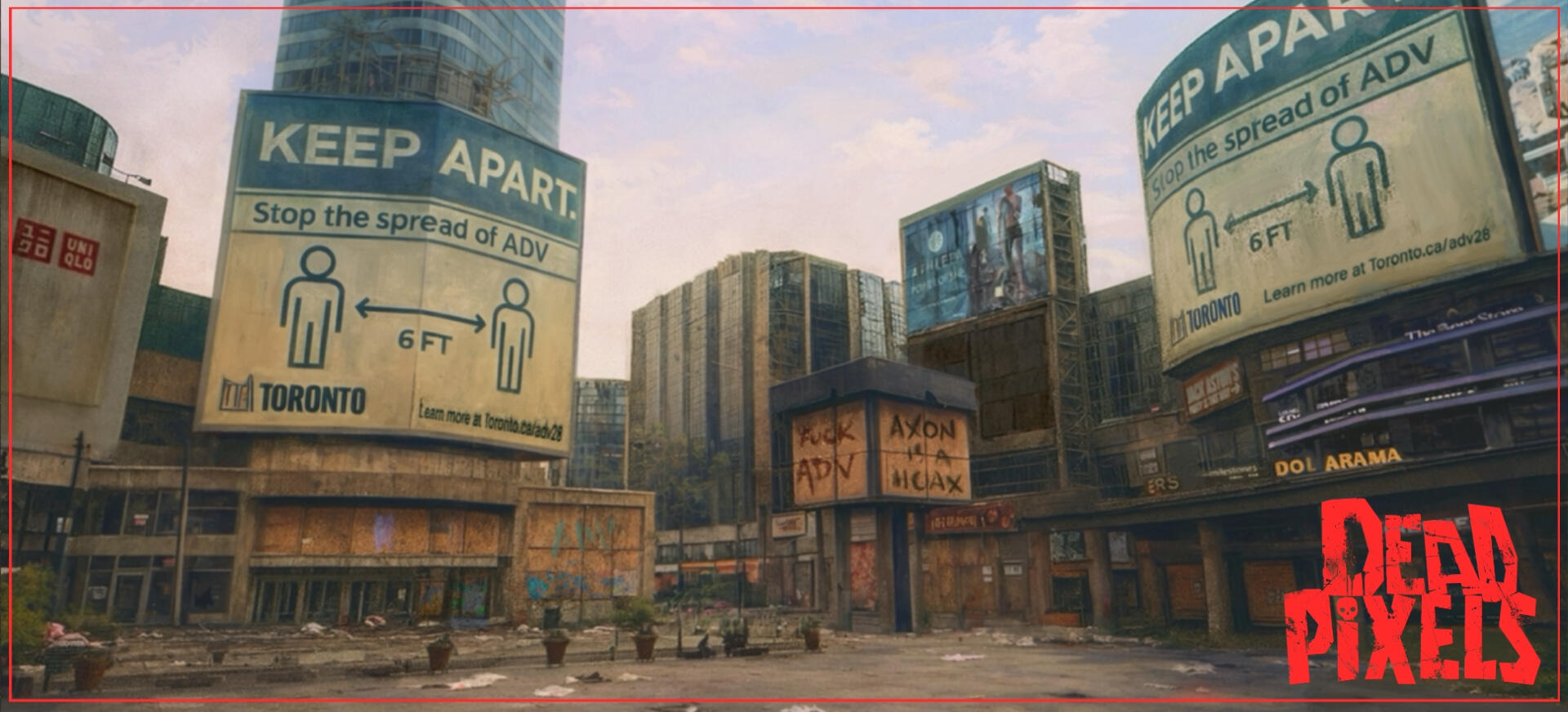 Toronto reimagined as an apocalyptic environment after the spread of a zombie epidemic. The buildings features signs telling people to keep 6 feet apart. There is litter all over the floor, graffiti on the worn and partially dilapidated buildings.
