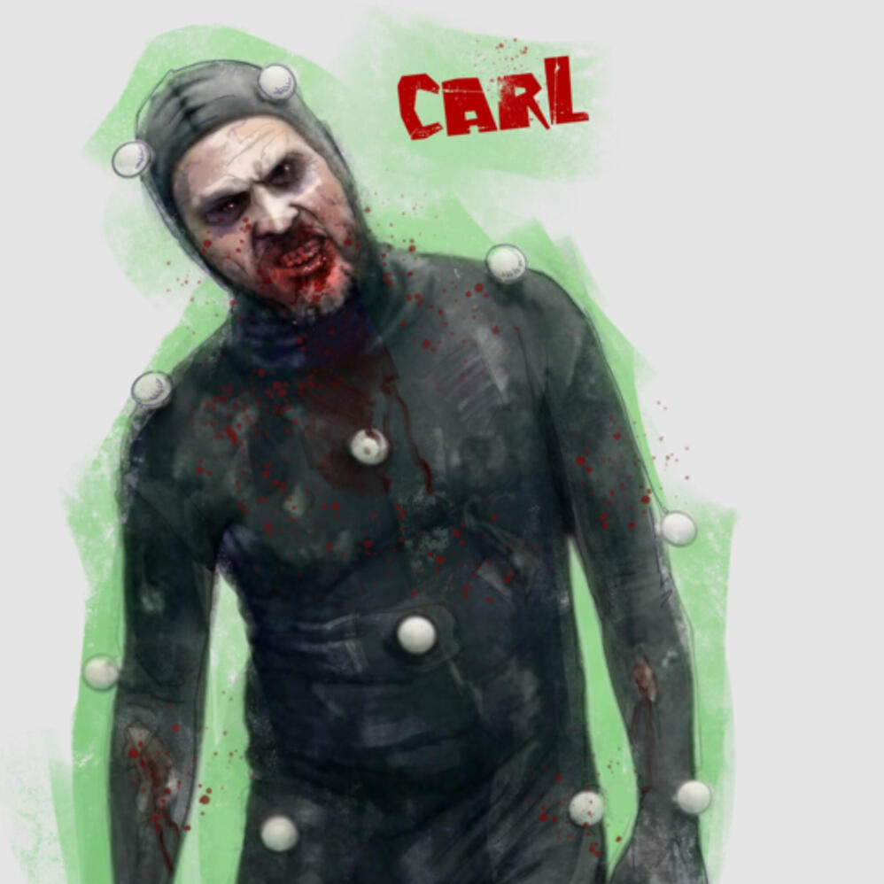 A man in a motion capture suit that looks to have been zombified. If not, he's got a black eyes and a bloody mouth for some reason. Help.