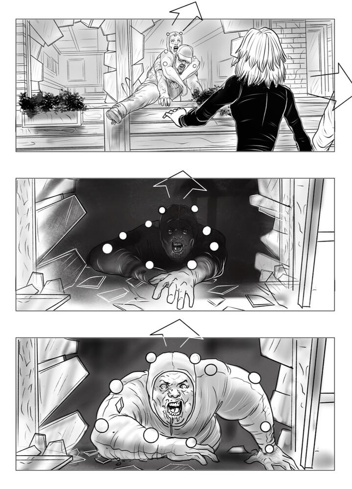 black and white storyboard sketches of a zombie in a mocap suit breaking through shattered glass and charging at an unknown target.