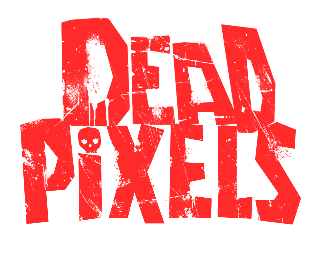 Dead Pixels Logo Bright red text logo with the words Dead Pixels on it in a grungy font. The letters all look worn as though trampled upon. The dot of the i is a skull.